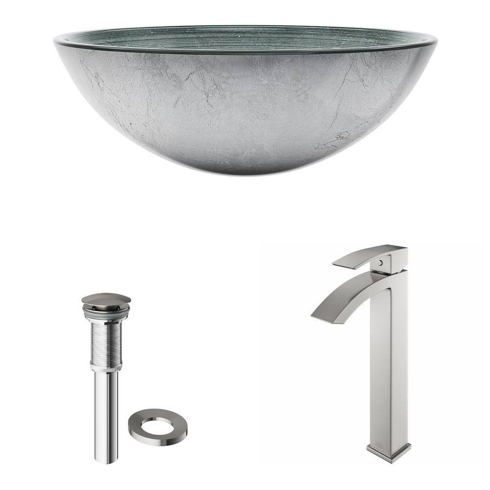 Simply Silver Round Glass Vessel Sink with Brushed Nickel Faucet