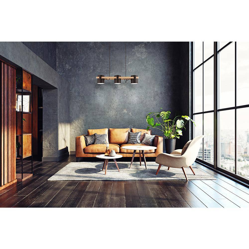 Hornwood 3-Light Matte Black and Natural Wood Pendant