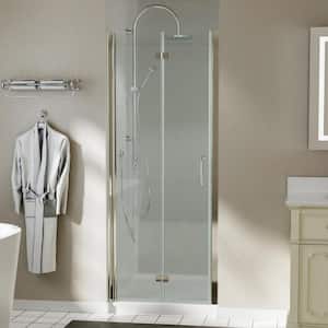 32 in. W to 33-3/8 in. W x 72 in. H Bi-Fold Frameless Shower Door in Brushed Nickel with Clear Glass
