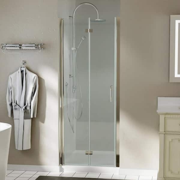 TOOLKISS 32 in. W to 33-3/8 in. W x 72 in. H Bi-Fold Frameless Shower Door in Brushed Nickel with Clear Glass