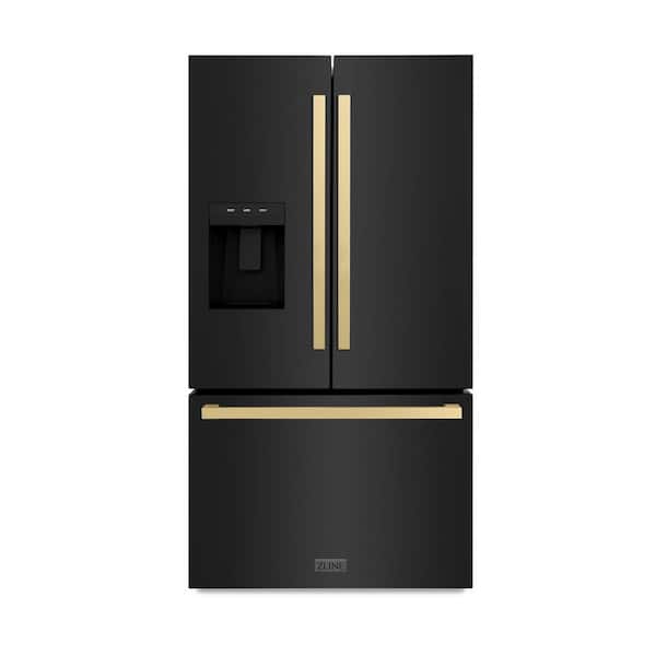ZLINE Kitchen and Bath 36 in. 3-Door French Door Refrigerator with Dual Ice Maker in Black Stainless Steel & Square Champagne Bronze Handles