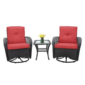 3-Piece Dark Brown Wicker Outdoor Rocking Chair Set Swivel Chair with Red Cushions, Glass Top Side Table for Porch