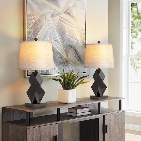 Salem 24 in. Black Resin Table Lamp with Light Brown Linen Lampshade/ USB/ Type-C ports (2-Pack)