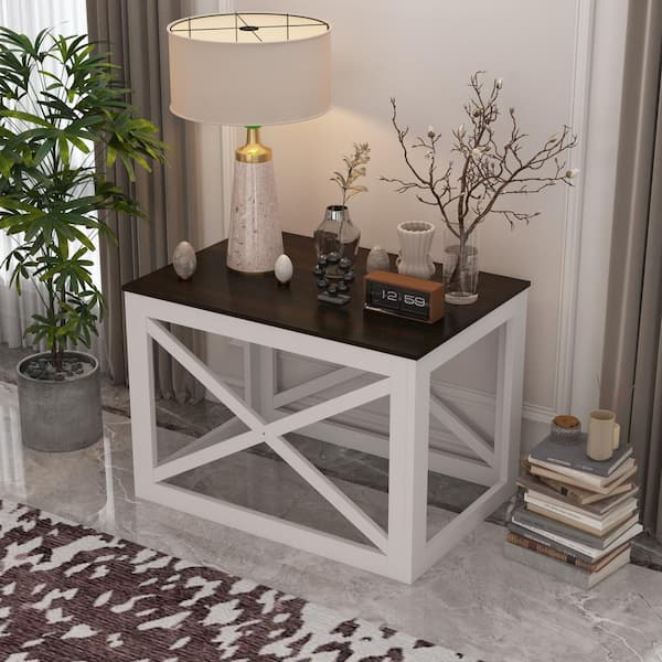 FUFU&GAGA 38.6 in. W x 26.4 in. D Walnut and White Rectangle Wooden End Table, Side Console Table with Large Table Top