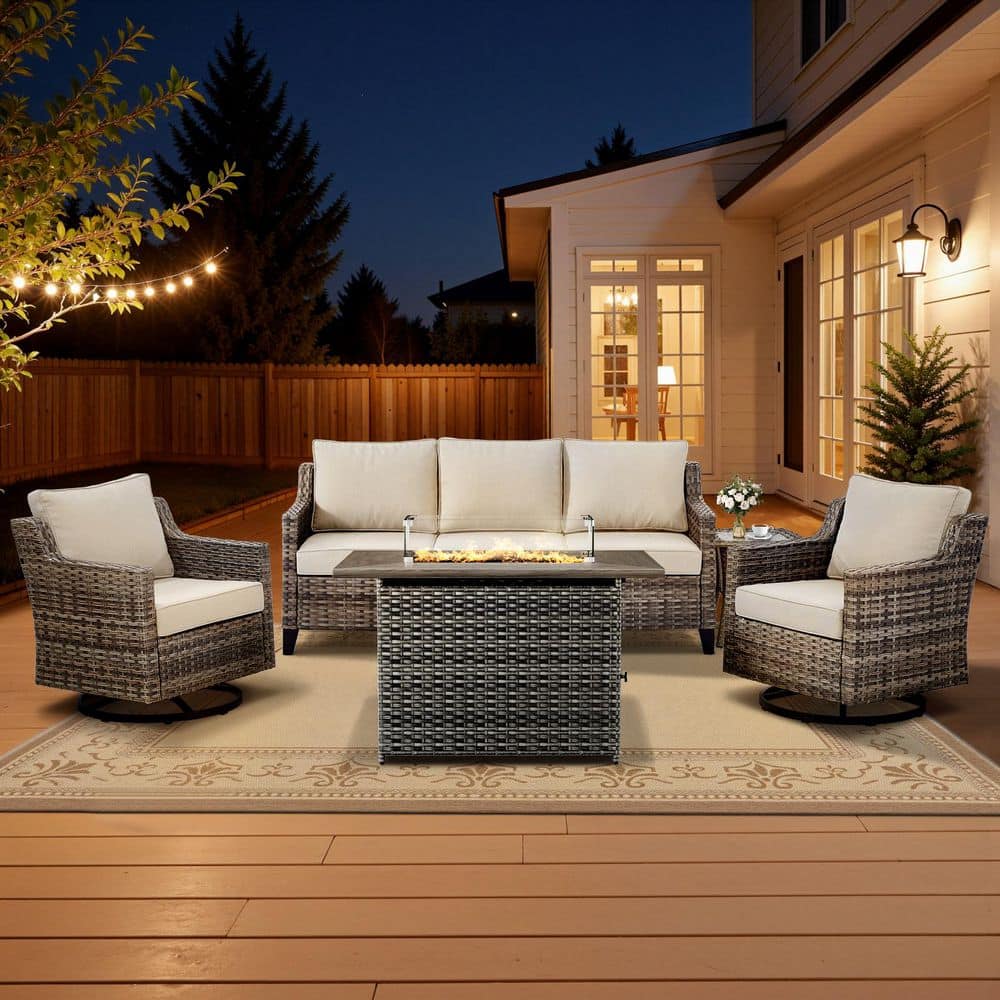 Glissia Gray 5-Piece Wicker Outdoor Patio Fire Pit Deep Seating Set with Beige Cushions and Swivel Gliders price history on PriceWatchPro