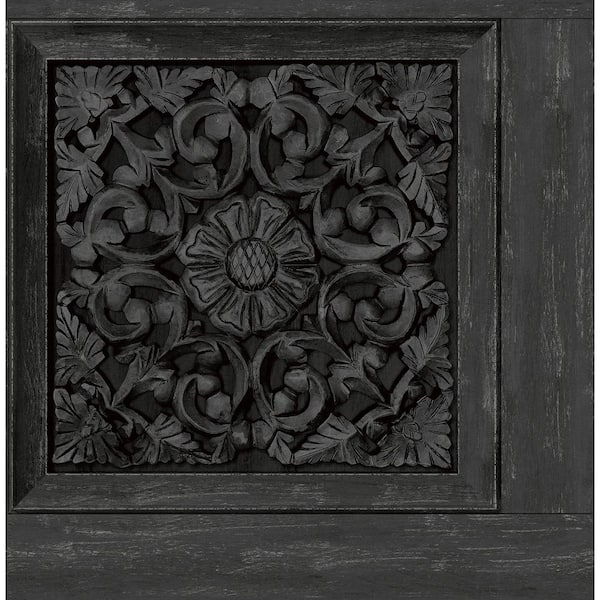 InHome Carved Floral Black Wood Peel and Stick Sample, 8 in. x 10 in. Wallpaper Sample