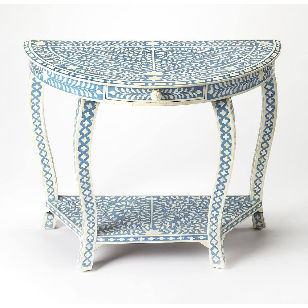 Vivienne Blue Bone Inlay Demilune Console Table with Storage