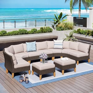 Brown Rattan Wicker 10 Seat 10-Piece Steel Outdoor Patio Conversation Set with Beige Cushions