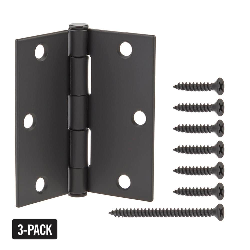 3-1/2 in. Square Radius Matte Black Squeak-Free Door Hinge (3-Pack)