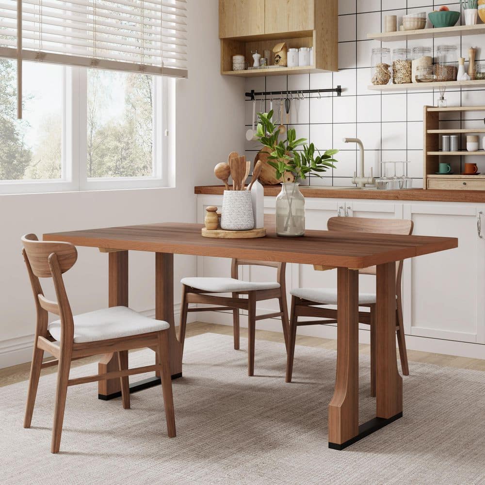 Foxcroft Modern 63 in. Walnut and Black MDF Wood Rectangular Double Pedestal Dining Table, Seats- 6
