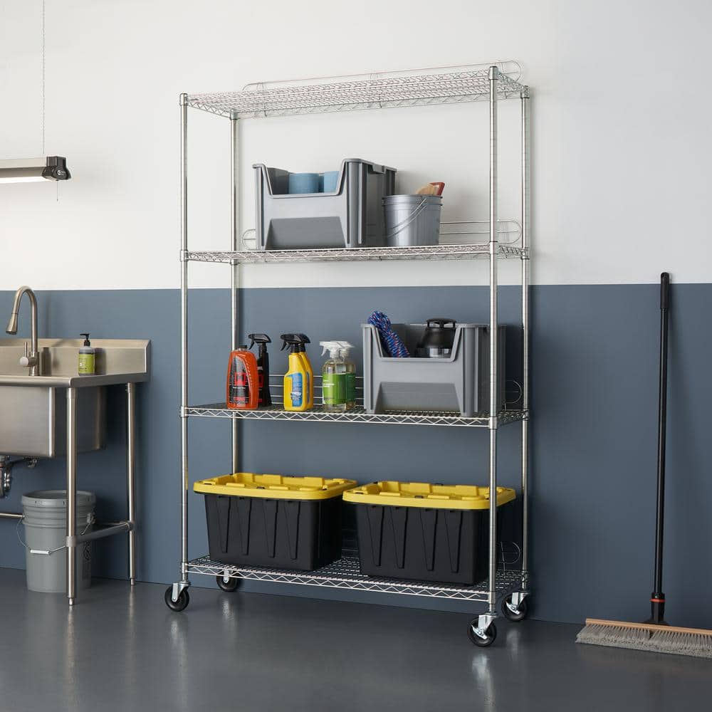 Adjustable Silver Steel 4-Tier Wire Shelving Unit with Wheels