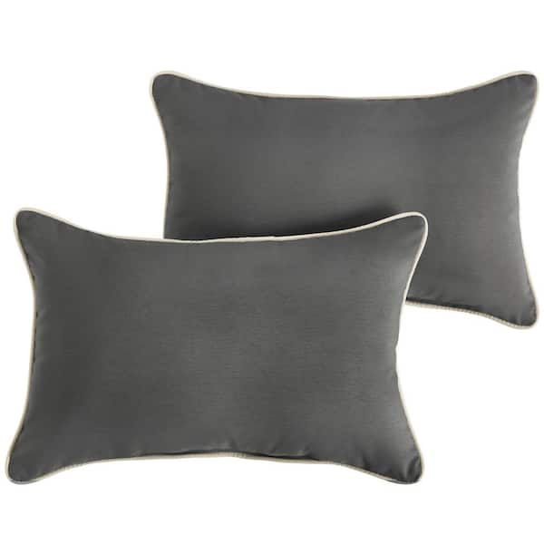 SORRA HOME Charcoal Grey with Ivory Rectangular Outdoor Corded Lumbar Pillows (2-Pack)