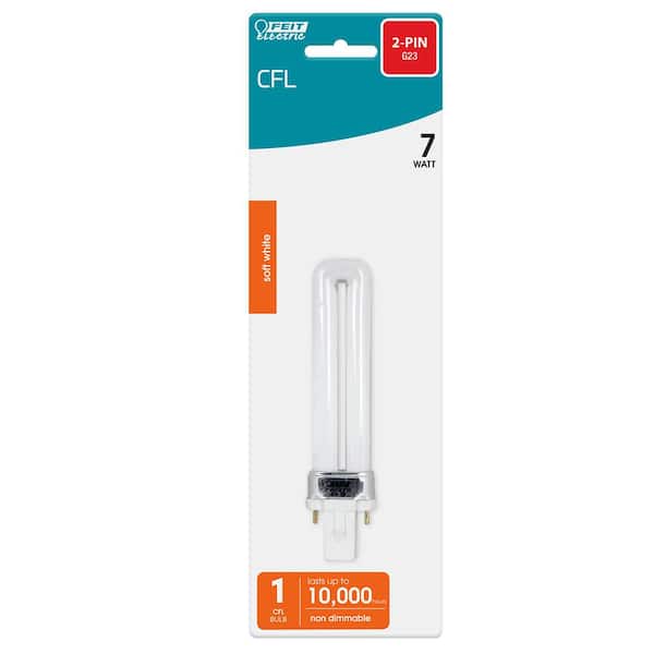 Feit Electric 7 Watt Equivalent PL CFLNI Twin Tube 2 Pin G23 Base Compact Fluorescent CFL Light Bulb Soft White 2700K 1 Pack BPPL7 HDRP The Home Depot