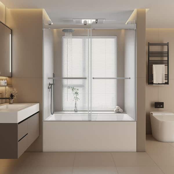 Xspracer Moray 56-60 in. W. x 65 in. H Double Sliding Frameless Tub Door in Brushed Nickel Finish with Clear Glass