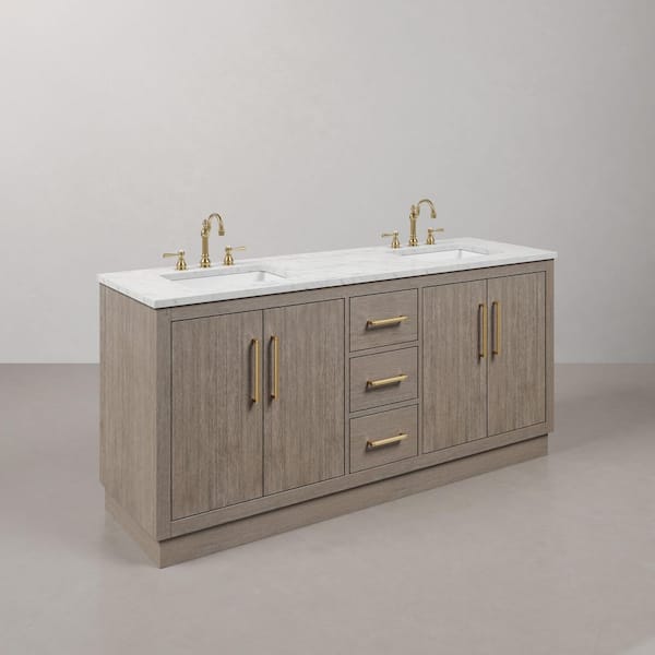 Hugo 72 in. W x 22 in. D Bath Vanity in Grey Oak with Marble Vanity Top in White with White Basin and Hook Faucet
