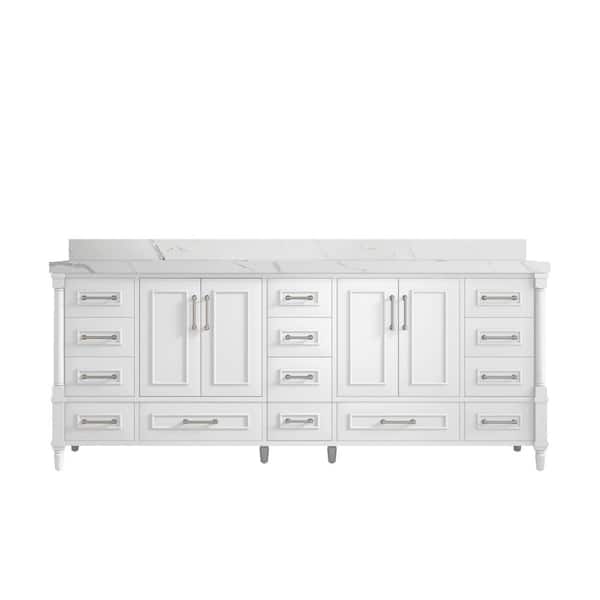 Willow Collections Hudson 84 in. W x 22 in. D x 36 in. H Double Sink Bath Vanity in White with 2 in. Calacatta Quartz Top
