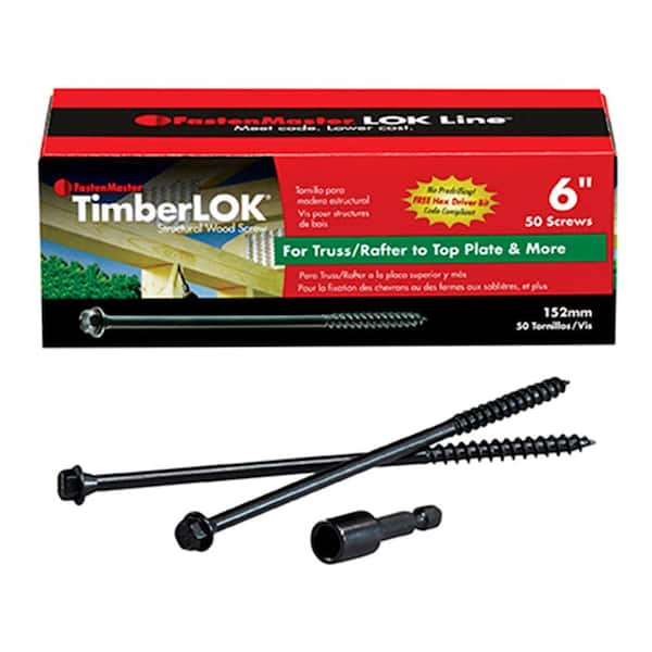 FastenMaster TimberLOK Structural Wood Screws – 6 inch wood screws with hex head – Black (50 Pack)