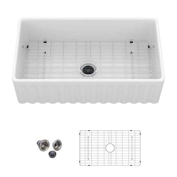 Loile 33 in. Apron-front Single Bowl White Ceramic Kitchen Sink with Bottom Grids and Stainless Steel Drain Assembly