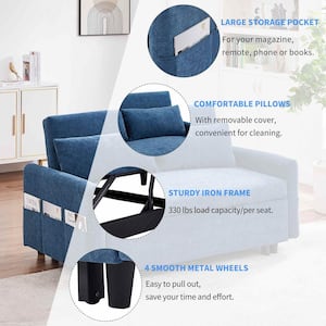 55.1 in. Square Arm Microfiber Rectangle Sofa with Adjsutable Backrest in. Blue