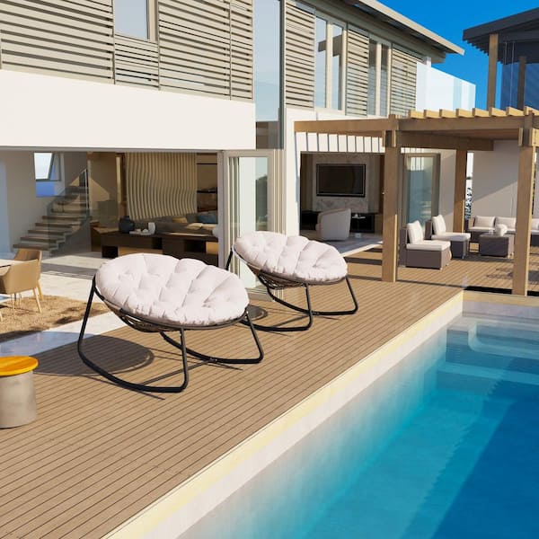 Cesicia Metal Round Outdoor Rocking Chair Dark Gray Frame with Beige Cushion Water-Resistant for Backyard Patio Poolside