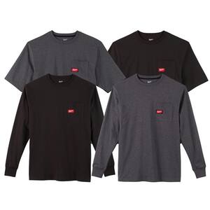Men's 3X-Large Black and Gray Heavy-Duty Cotton/Polyester Long-Sleeve and Short-Sleeve Pocket T-Shirt (4-Pack)