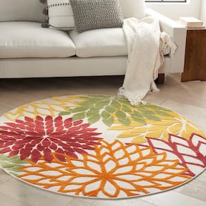 Aloha Red Multi Colored 4 ft. Round Floral Contemporary Indoor/Outdoor Patio Area Rug