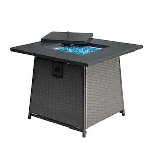 28 in. 50,000 BTU Outdoor Patio Propane Wicker Fireplace Table, 2-in-1 Square Table with Blue Glass Ball, Dark Gray