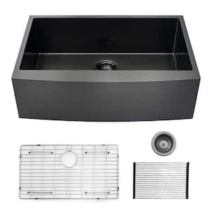 30 in. Farmhouse Single Bowl 16 Guage Antique Black Bowl Stainless Steel Kitchen Sink with Bottom Grids