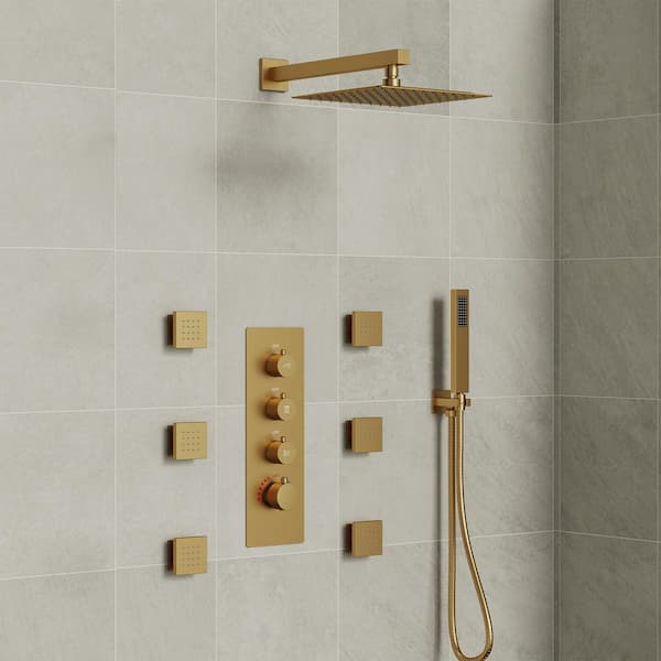 EVERSTEIN 7-Spray Patterns 12 in. Wall Mount Dual Shower Heads with 6-Jet in Brushed Gold (Valve Included)