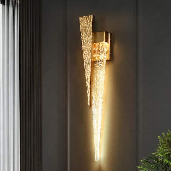 LNC 24.4 in. H 1-Light Gold LED Tiered Triangle Wall Sconce with Water Wave Textured Acrylic Brass Square Metal Backplate