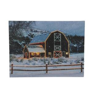 15.75 in. LED Fiber Optic Snowy Red Barn Christmas Canvas Wall Art