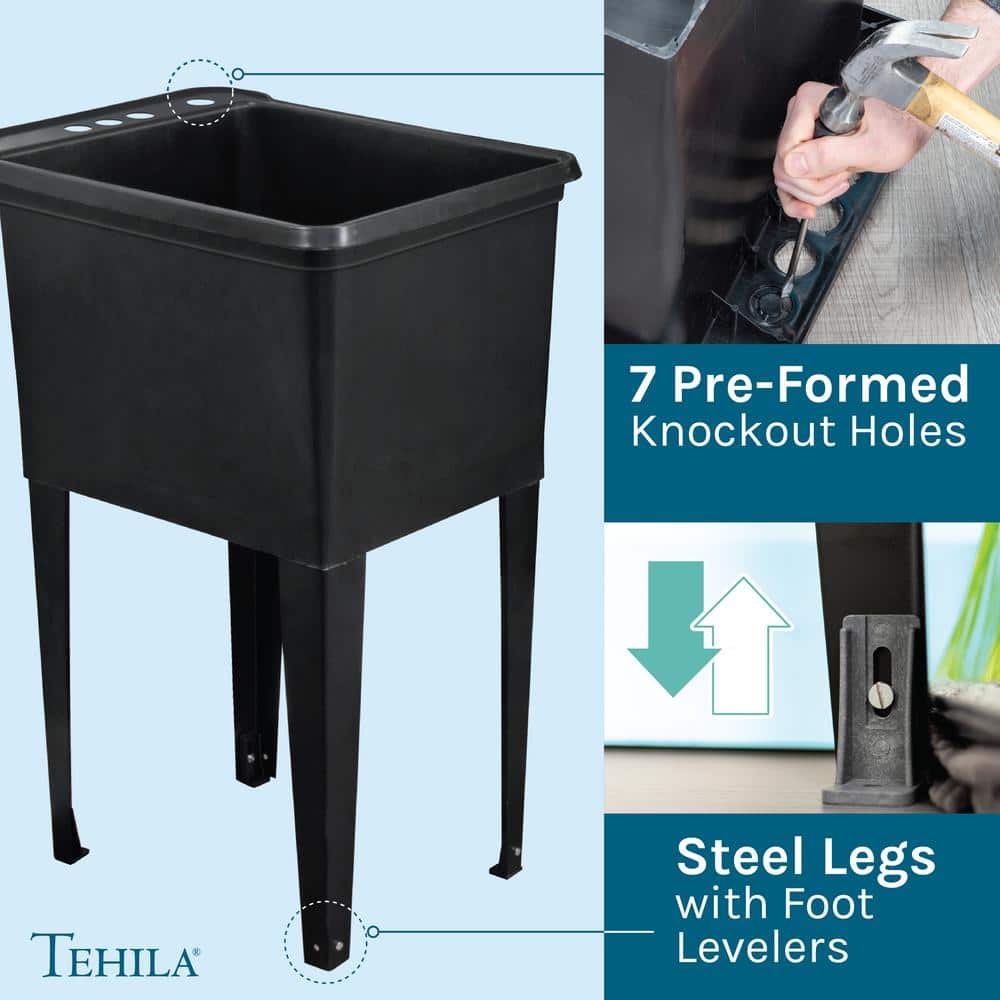 Black Freestanding Thermoplastic Utility Sink with Faucet for Laundry Room