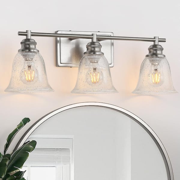 pasentel Modern 23 in. 3-Light Brushed Nickel Vanity Light with Seeded Glass Shade