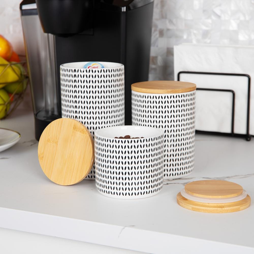 Scandinavian Ceramic Canister Set with Wooden Lids, Black and White