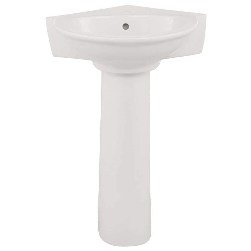 Compact White Ceramic Corner Pedestal Sink with 3 Faucet Holes