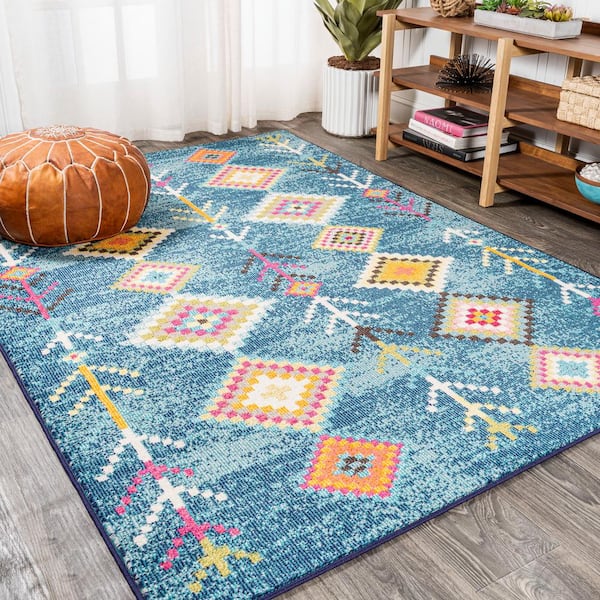 Geometric Modern Contemporary High Quality Multi Blue Durable Easycare Area Rugs 