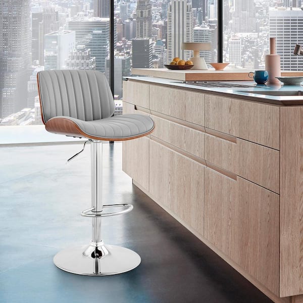 Armen Living Brock 24-33 in. Adjustable Height High Back Grey Faux Leather and Walnut Wood with Chrome Finish Bar Stool