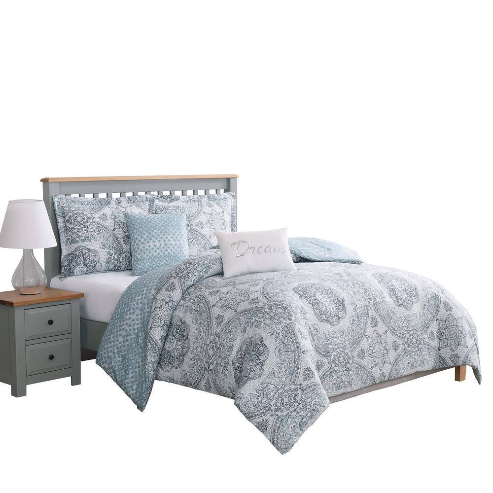 Twin Blue Microfiber Reversible Comforter Set with Geometric Print