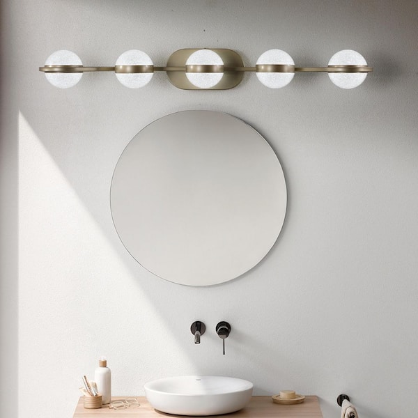 35 in. 5-Light Modern Champagne Gold Bathroom LED Vanity Light Crystal Sand Acrylic Shades