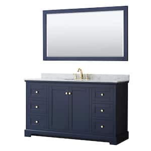 Avery 60 in. W x 22 in. D Bath Vanity in Dark Blue with Marble Vanity Top in White Carrara with White Basin and Mirror