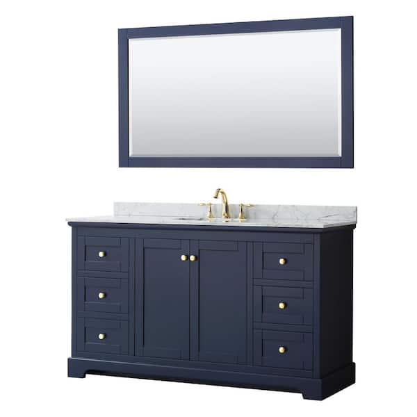Wyndham Collection Avery 60 in. W x 22 in. D Bath Vanity in Dark Blue with Marble Vanity Top in White Carrara with White Basin and Mirror