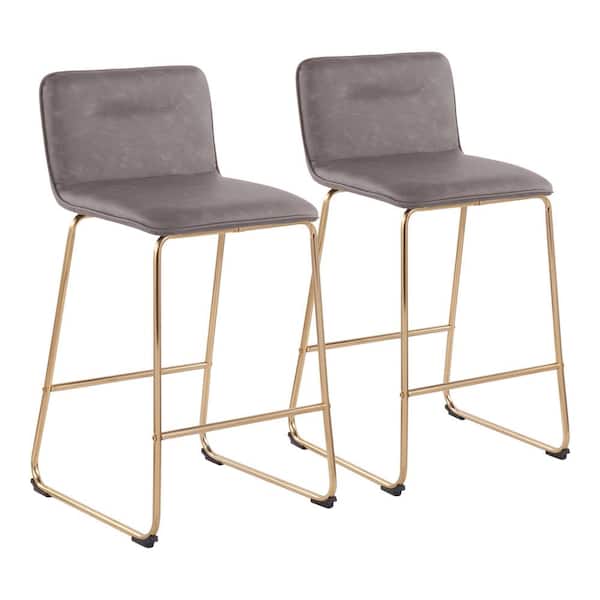 Lumisource Casper 35 in. Grey Faux Leather and Gold Metal High Back Counter Height Bar Stool (Set of 2)