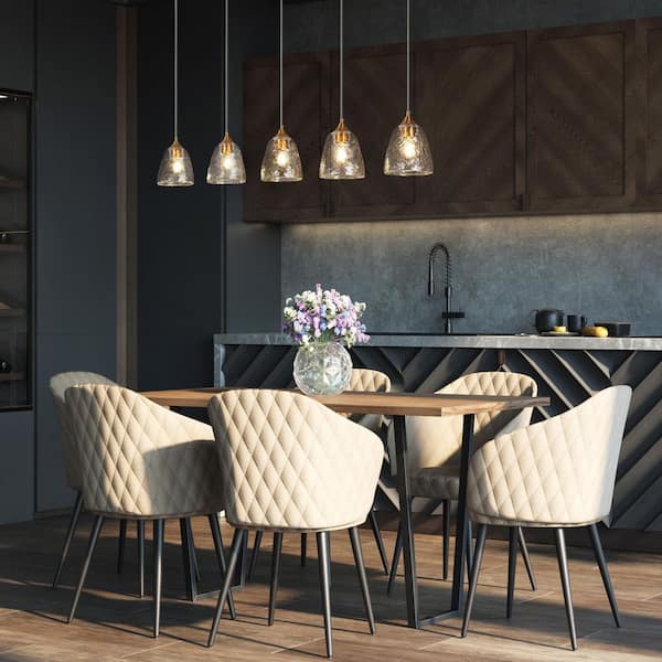Aurabe 5-Light Plated Brass Island Chandelier, Modern Contemporary Kitchen Dining Room Pendant Light with Textured Glass