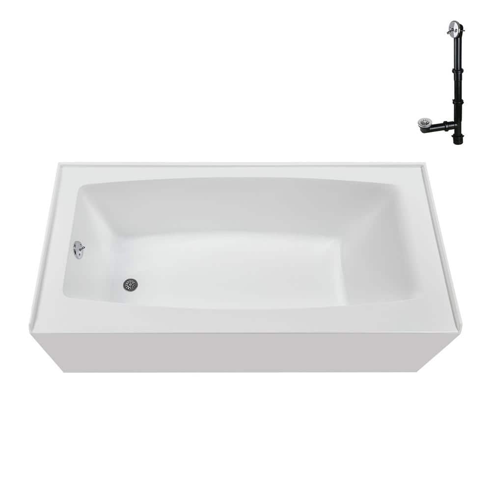 Glossy White Acrylic Rectangular Alcove Bathtub with Polished Chrome Drain