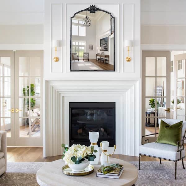 24 in. W x 36 in. H Ornate Baroque Arched Vintage Black Framed Wall Bathroom Vanity Mirror Dresser Decorative Mirror