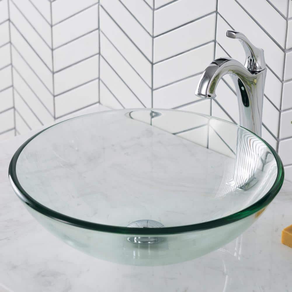 Clear Round Glass Vessel Bathroom Sink, 17-inch