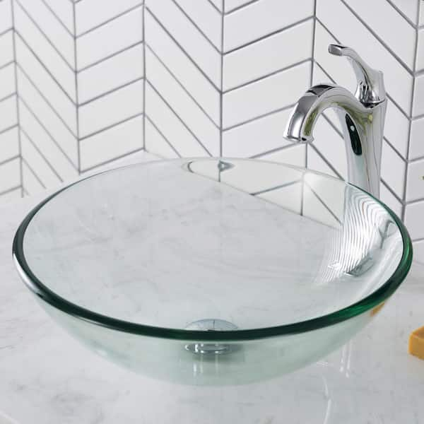 KRAUS Single-Tone 16.5 in. Round Vessel Bathroom Sink in Clear Glass