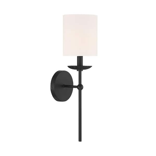 TUXEDO PARK LIGHTING 5 in. W x 18.5 in. H 1-Light Matte Black Wall Sconce with White Linen Fabric Shade
