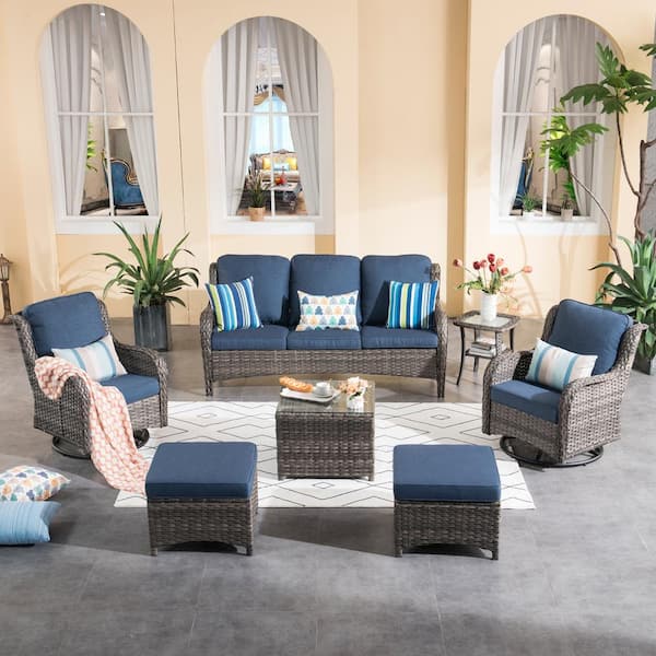 XIZZI Maroon Lake Gray 7-Piece Wicker Patio Conversation Seating Sofa Set with Denim Blue Cushions and Swivel Rocking Chairs