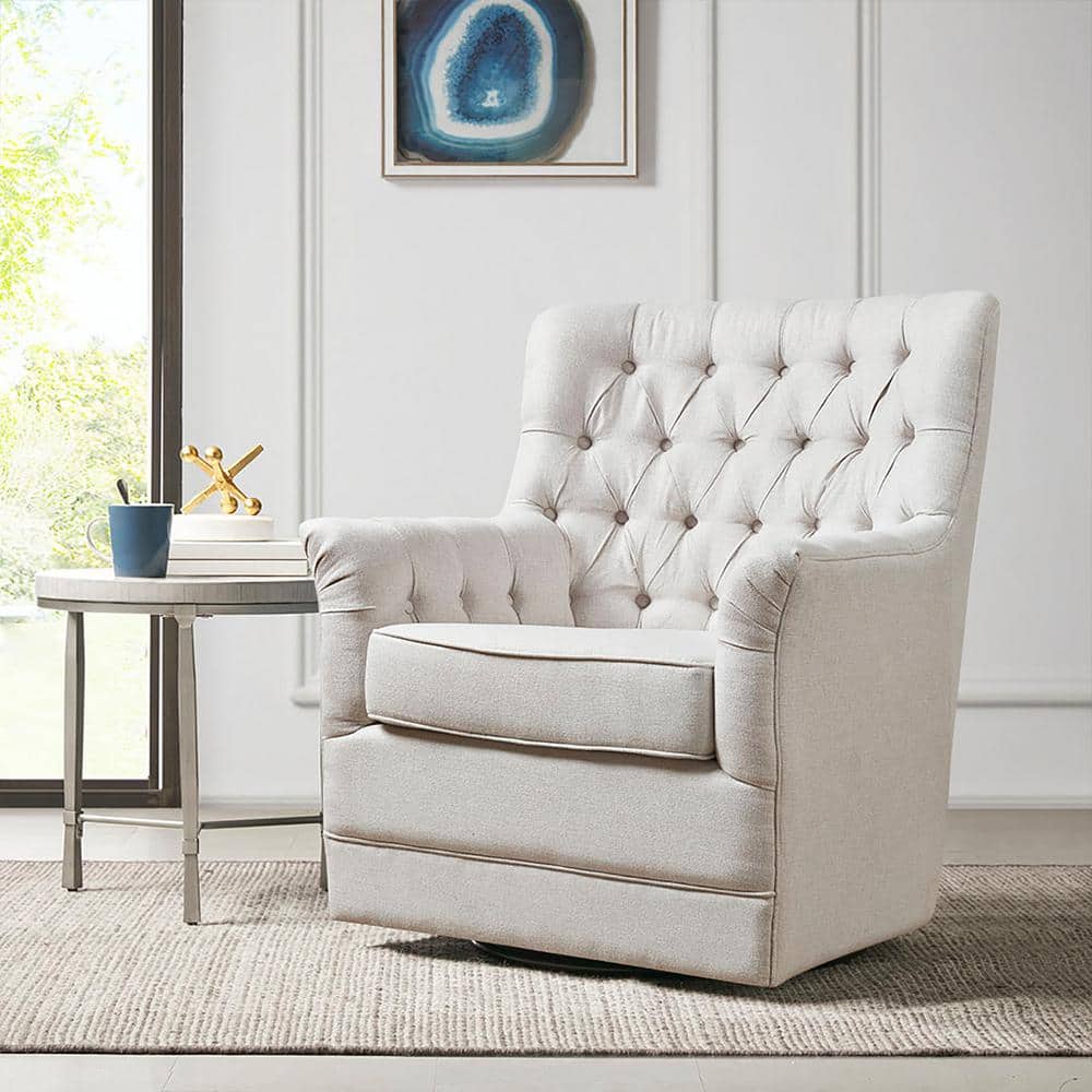 Cream Velvet Swivel Glider Accent Chair with Flared Arms
